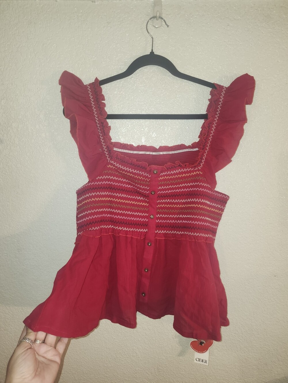 NWT Cider🍎 "Square Neckline Smocked Babydoll Tank Top" Red❤️ 💯% Cotton🙌🏻 MED - Picture 4 of 10